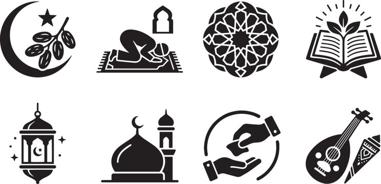 Islamic religious traditions ramadan kareem and eid mubarak festive celebration solid glyph icons set with vintage decorative hanging lantern traditional mosque architecture building dome crescent moo