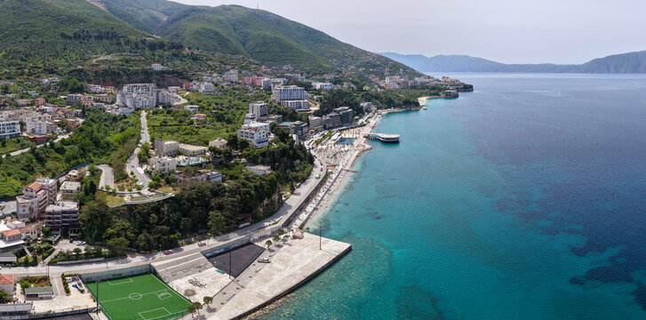 Panoramic Aerial Image of Vlora Coastline, Waterfront Promenades and Turquoise Ionian Sea