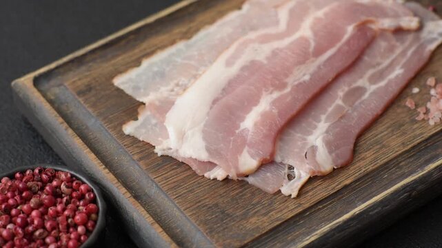 Raw fresh bacon slices with layers of meat or prosciutto with salt and spices. Raw bacon as a food background for your design
