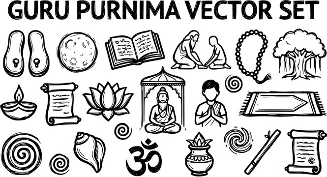 Guru Purnima Black and White Line Art Vector Set: Hand-drawn Collection of Hindu Religious, Spiritual, and Cultural Festival Symbols, Icons, and Educational Elements.