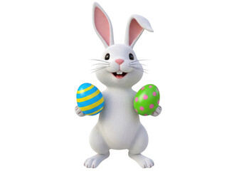Obraz premium Cute white easter bunny rabbit holding two colorful decorated eggs isolated on transparent background
