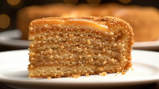 Close-up slice of layered honey cake (Medovik) with creamy caramel filling and crumb topping served on a white plate against a dark, blurred background.
