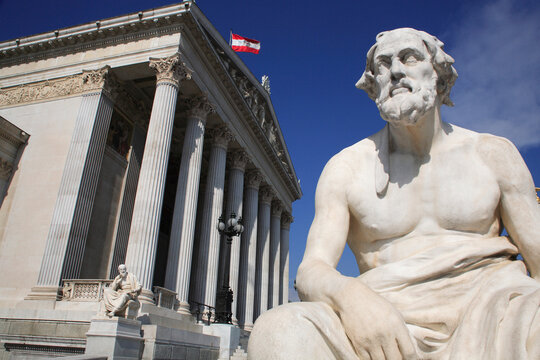 Austria, Vienna, View of Thucydides statue with Parliament Building