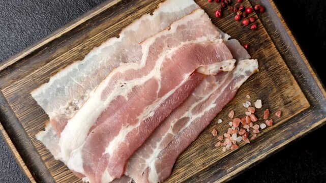 Raw fresh bacon slices with layers of meat or prosciutto with salt and spices. Raw bacon as a food background for your design