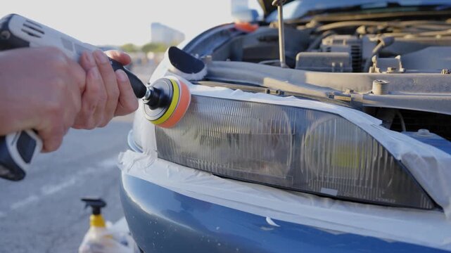The process of polishing car headlights outdoors. 