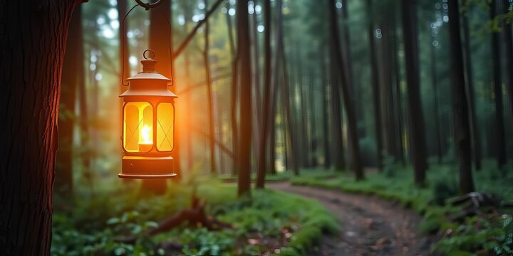 Lantern bearer illuminates forest path for followers, hope's guiding light,  stewardship,  clarity