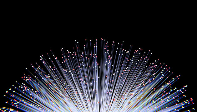 3D render of fiber optics with lights against black background