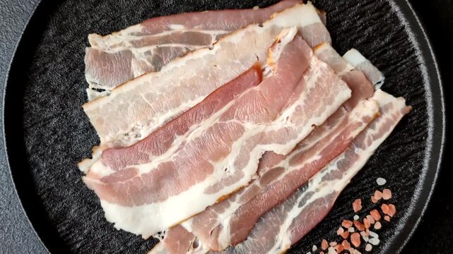 Raw fresh bacon slices with layers of meat or prosciutto with salt and spices. Raw bacon as a food background for your design