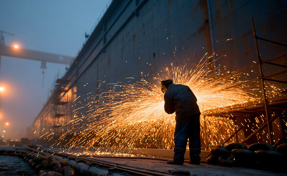 Silhouette of a shipyard worker welding a large vessel at dusk with sparks