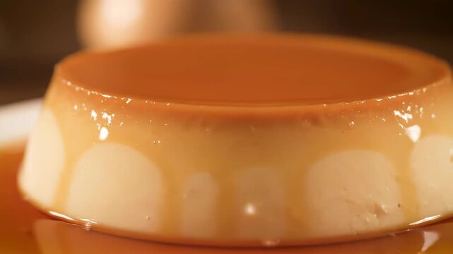 Close-up Macro Shot of Creamy Cr&egrave;me Caramel Flan Dessert, showing rich golden caramel sauce dripping down the custard surface in warm, appetizing light.