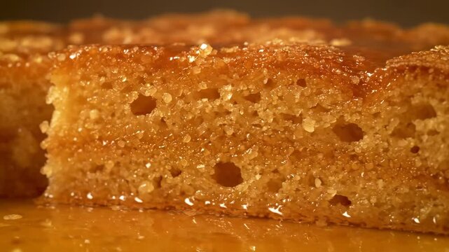 Macro view of moist syrup cake slice dripping with golden glaze and sugar crystals, showcasing decadent dessert texture and richness.