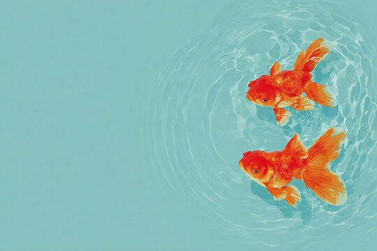 Two red fancy goldfish swimming gracefully in soft light blue water