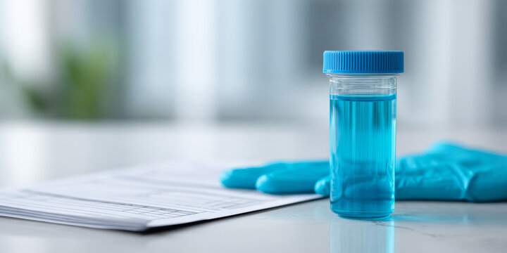 Medical specimen container with blue liquid