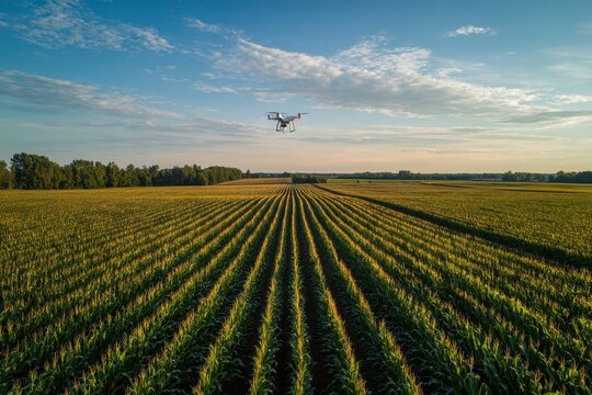Aerial view of a corn field with a hovering drone and precision farming technology