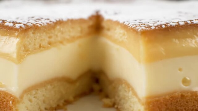 Detailed macro shot of a creamy custard layered sponge cake slice dusted with sweet icing sugar, showcasing texture and rich flavor