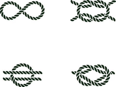 Green rope knots and infinity symbols made of twisted leaves on white background