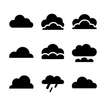 Set of nine different types of clouds and weather icons with partly cloudy, overcast