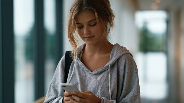 Student using voice-activated EdTech tutor app alone in rain-soaked school hallway between classes, adaptive learning mobile education technology solo teen academic engagement digital curriculum per