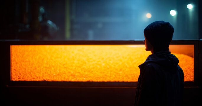 Person observing molten metal in foundry