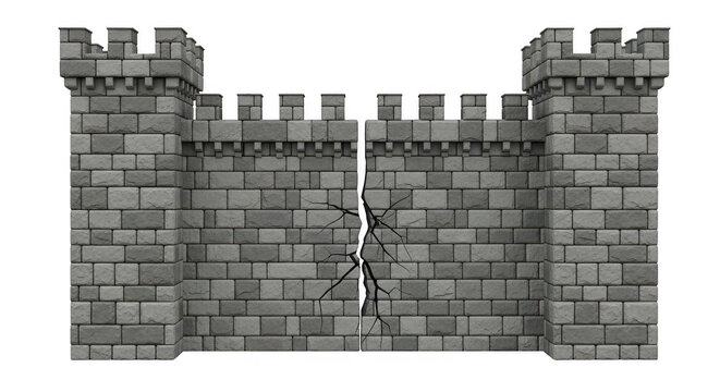 Old stone castle wall with a gate and towers for medieval defense isolated on transparent background