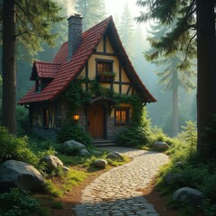 Fototapeta premium Old German cottage with red tile roof is nestled in green forest. Stone and wood house has cobblestone path leading to wooden door. Sunlight streams through pine trees.