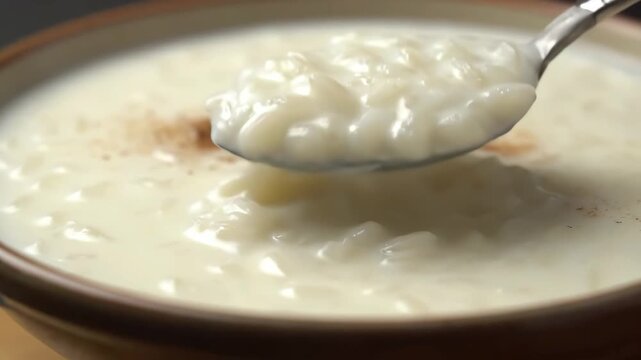 Close-up Shot of Creamy Rice Pudding (Arroz con Leche) Topped with Ground Cinnamon Powder in a Bowl, Being Scooped by a Spoon.