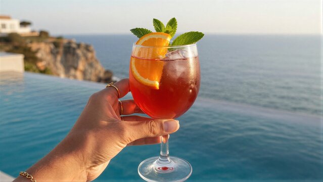 Hand holds vibrant cocktail by infinity pool ocean backdrop at sunset.