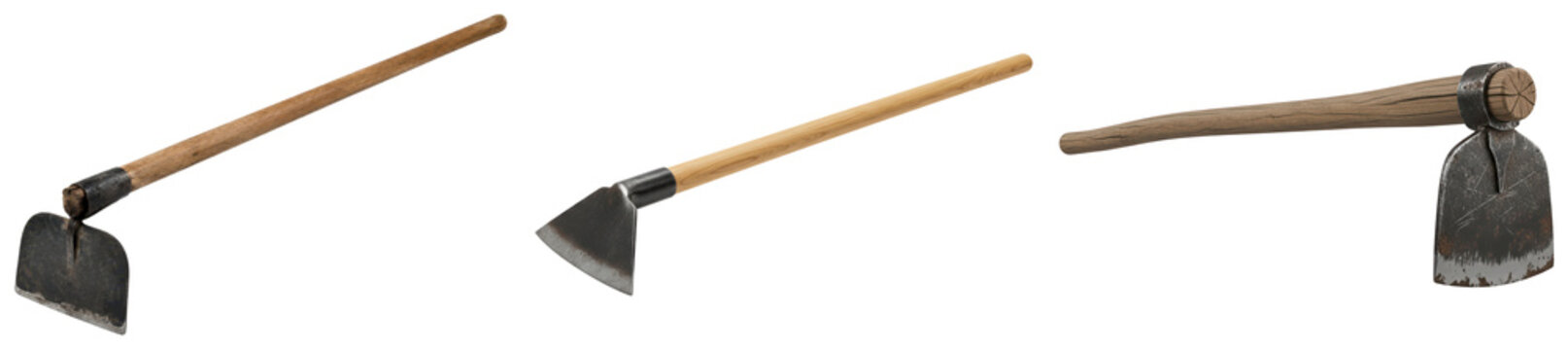 Three different hoes with wooden handles, isolated on transparent background