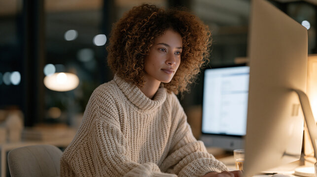 Research pharmacologist cross-referencing longevity compound interactions on dual-screen workstation in warm late-night biotech office, drug development anti-aging research professional career biote