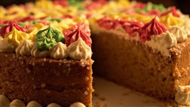 Close-up macro shot of a delicious sponge cake decorated with vibrant colorful buttercream frosting and large sugar crystals, highlighting texture and festive decoration.