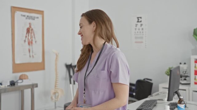 Woman doctor in purple scrubs holding stethoscope and wearing lanyard badge, smiling with eyes closed and arms loosely crossed in a medical building; compassion care calm.