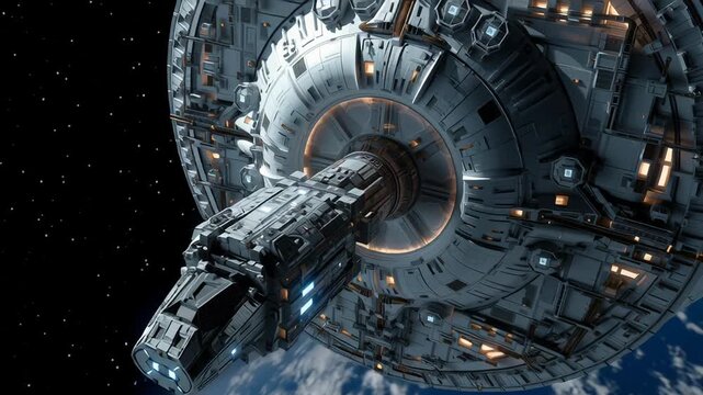 Orbital station freighter above Earth, cinematic docking sequence with cargo drones and hull inspection panoramic views of ringed habitation module, glowing
