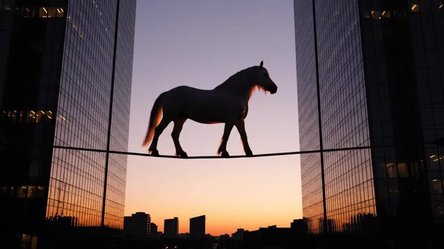 Silhouette of White Horse Walking on Tightrope Between Glass Skyscrapers at Sunset