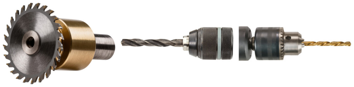 Circular saw blade attachment and drill chucks with drill bits isolated on transparent background