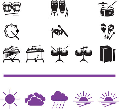 Vector icon set featuring percussion musical instruments and weather symbols with black and purple flat silhouettes for music and meteorology