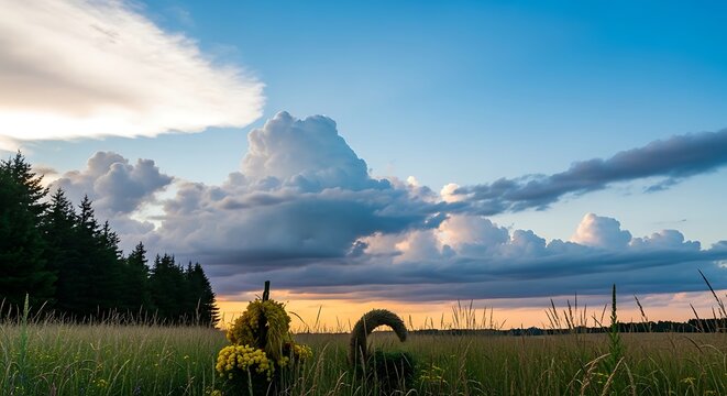 Sunset over a quiet rural field with hay bales and distant trees.