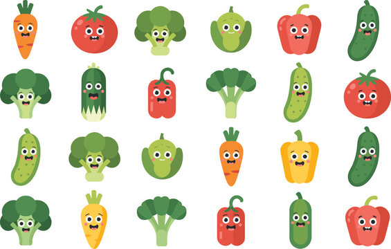 Cheerful character vegetable icons displaying happy faces on broccoli pepper cucumber and tomato