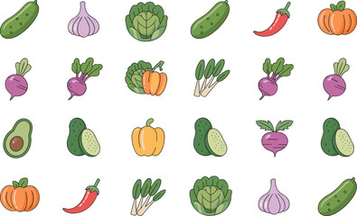 Fototapeta premium Set of vegetable icons illustrating cucumber garlic cabbage pepper pumpkin radish avocado onion