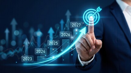 Fototapeta premium Concept of business financial plan and market performance with money revenue growth from 2025 to
