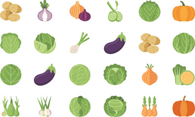 Fototapeta premium Food icon assortment showing potato onion eggplant cabbage garlic and pumpkin vegetable designs