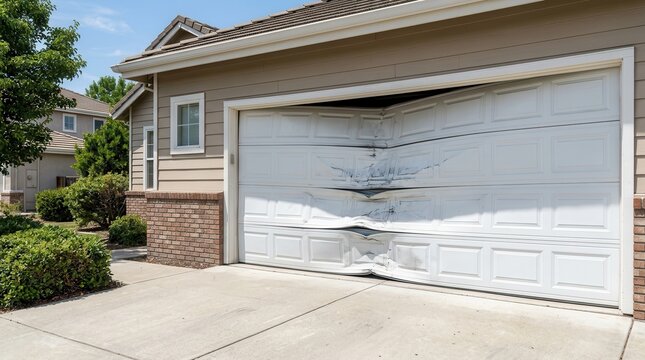 A bent and broken white garage door showing a significant repair and maintenance issue.