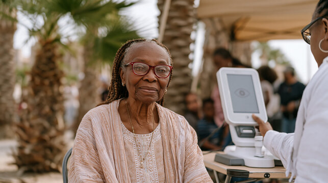 Elderly Caribbean woman at an outdoor community health fair sitting patiently while a volunteer technician positions her for an AI retinal screening device mounted on a folding table, palm trees and