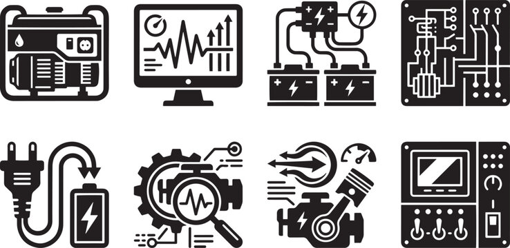 Smart Automobile Repair Factory Symbols Pack with Electric Vehicle Charging Station, Car Lift, and Engine Tuning Tools