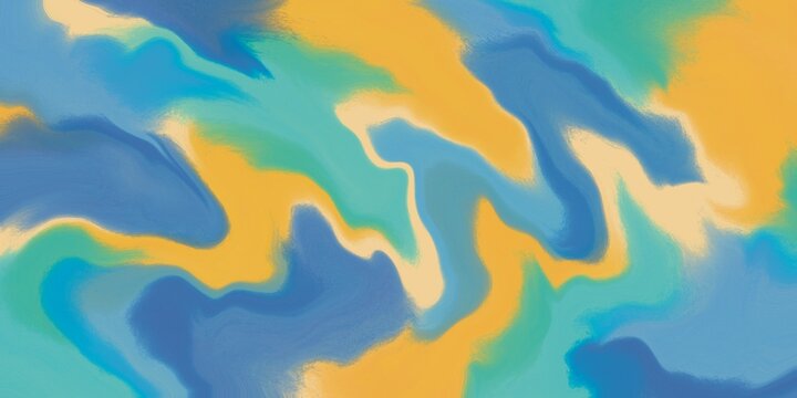 Fond abstrait organique fluide aux tons bleu oc&eacute;an, turquoise menthe et jaune ocre textur&eacute;