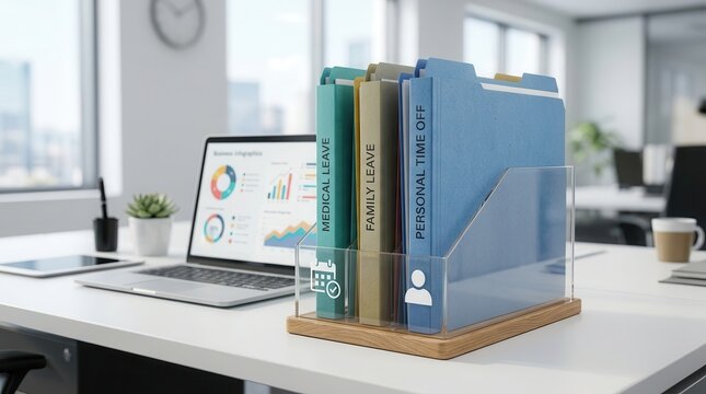 Office organization featuring medical leave, family leave, and personal time off file folders on a desk.