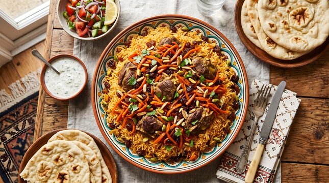 Traditional lamb kabsa rice dish, middle eastern mandi with basmati rice and meat, authentic arabic cuisine served with naan bread and salad