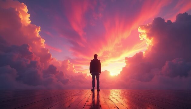 Man stands on wooden platform watching colorful sky clouds at sunset. Person gazes at dramatic vibrant cloudscape, dreamlike atmosphere, contemplating future, imagination.