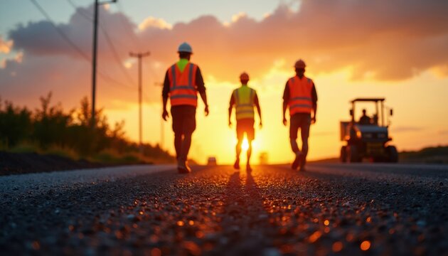Construction workers in safety vests and hard hats walk away on a paved road at sunset. A tractor is visible in the background on the job site.