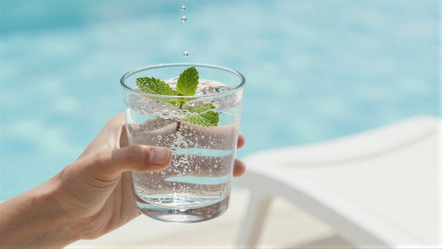 Hand holds sparkling water with mint poolside relaxation vibe.