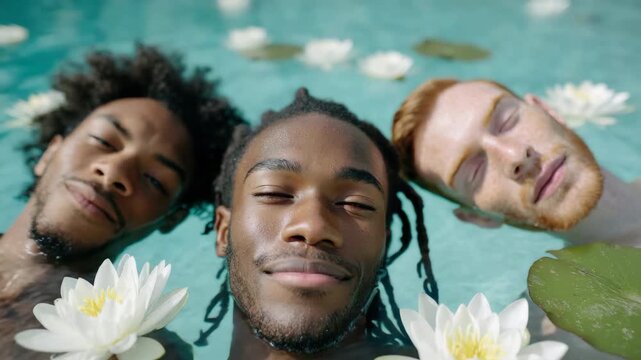 Slow motion close up of three men floating and relaxing among water lilies in turquoise pool, gentle drifting and peaceful daytime scene